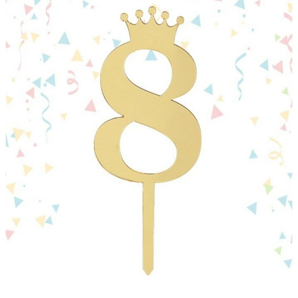 Cake Topper # 8 Golden Mirror Reflecting Chic NWT Number Eight with a crown